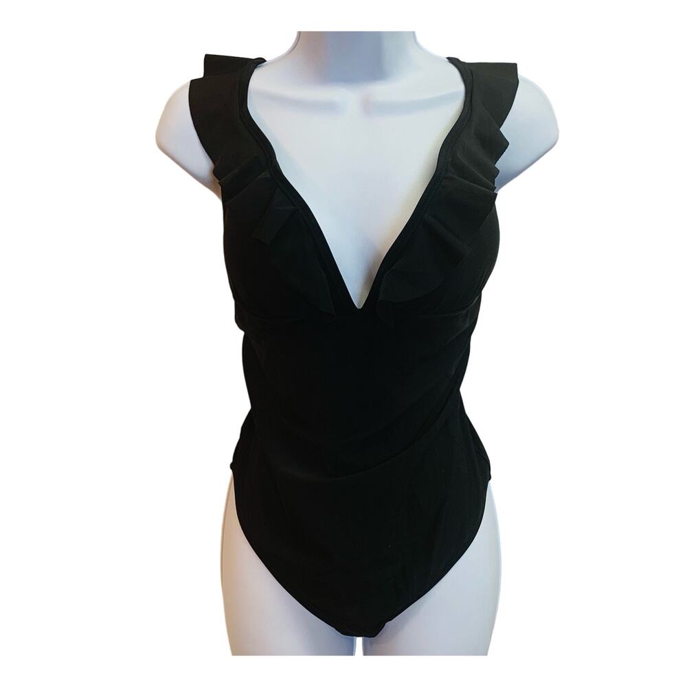 J Crew One Piece Swimsuit L Large Black Low Cut Hipster High Hip Ruffled Straps